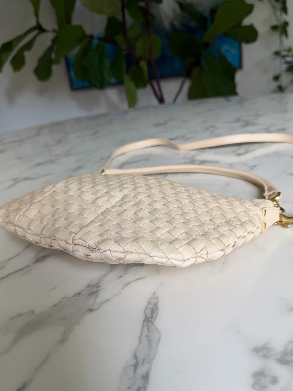 Clare V Petit Moyen Cream Woven Checker Leather Crossbody Shoulder Bag